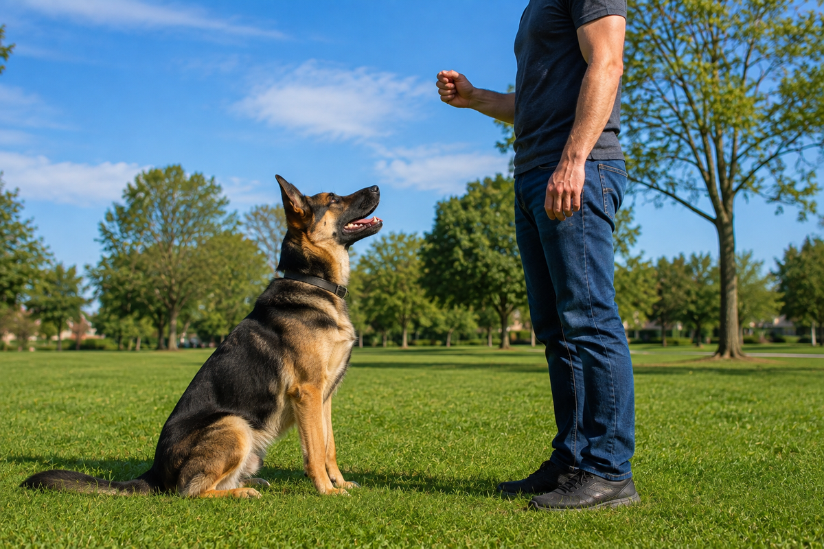 German Shepherd sitting outside in a park getting trained.