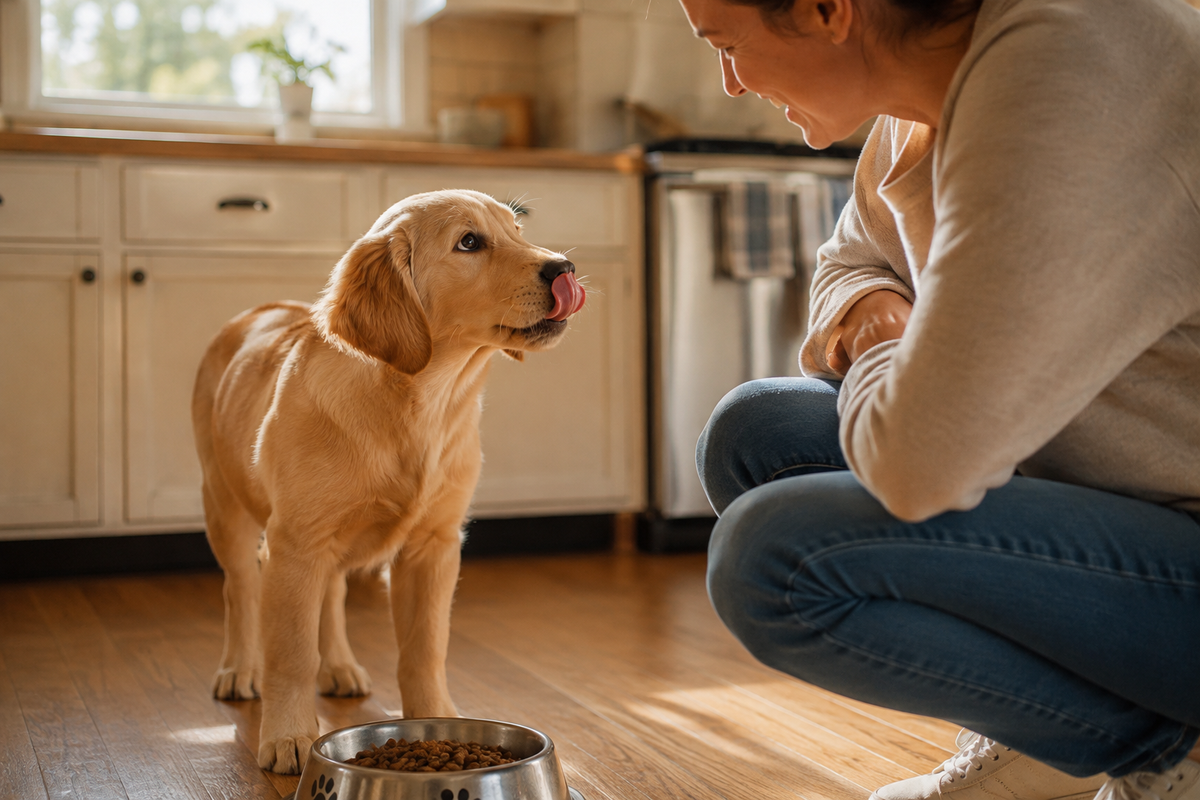 Puppy eating in kitchen. 